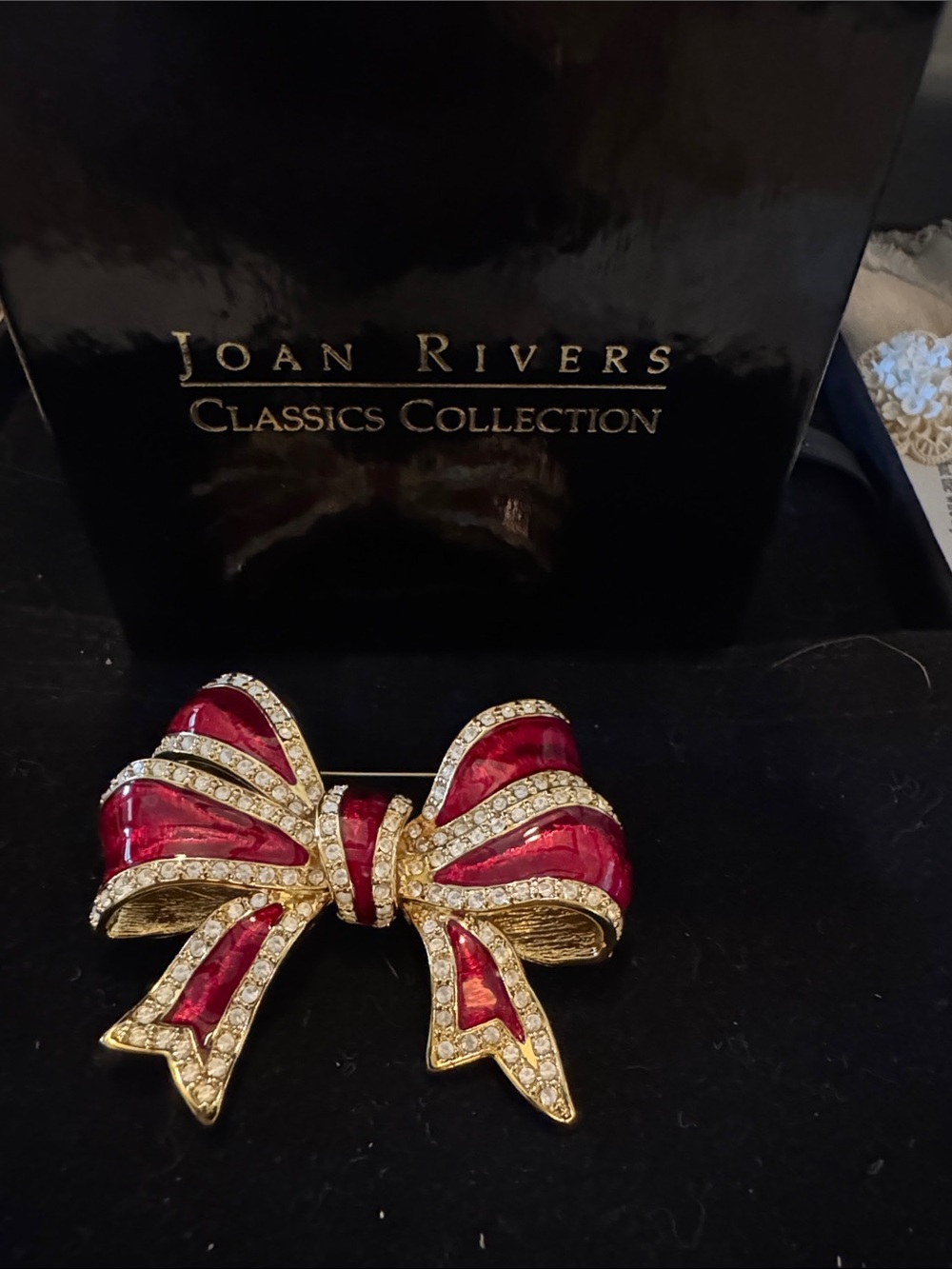 Joan Rivers Pink-Red Enamel Bow Brooch with Gold-Tone and Clear Crystals